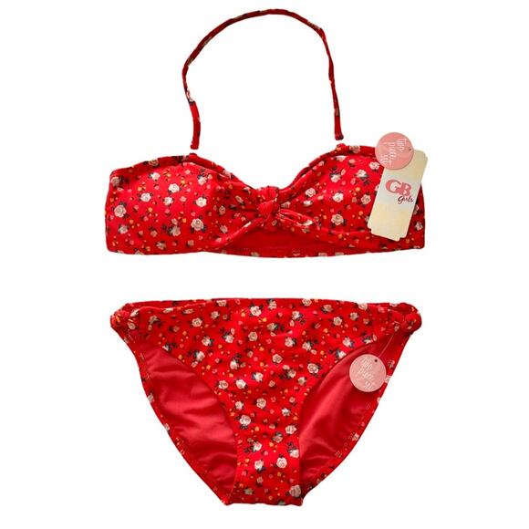 KIDS GIRLS Red Floral Print Bikini Swimsuit SET – Size 10 - Picture 1 of 6